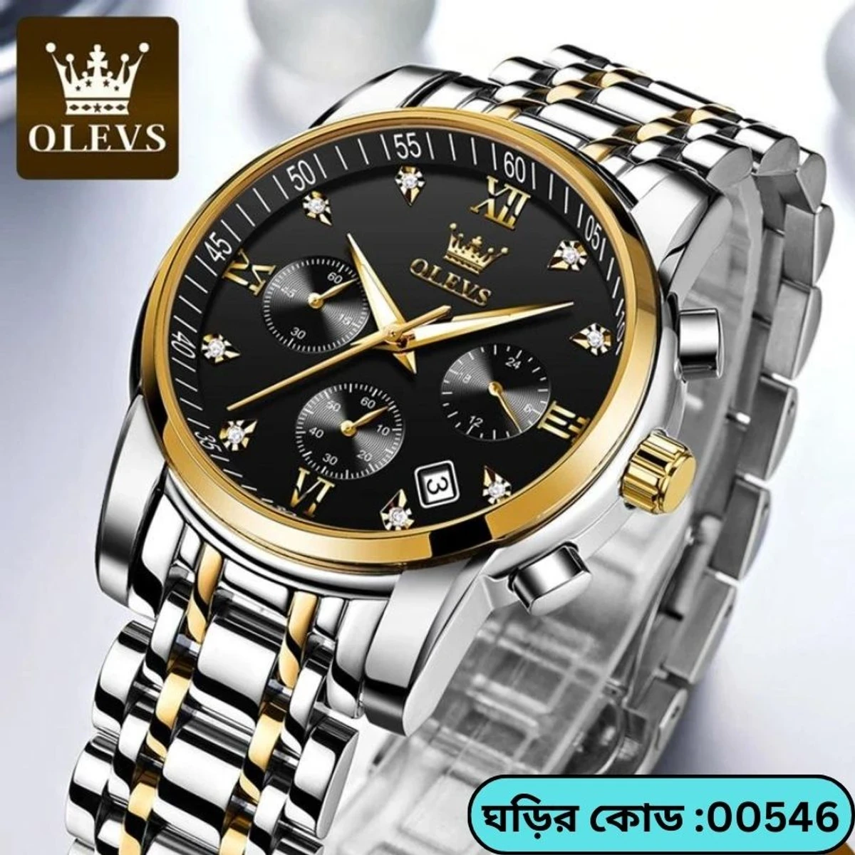 OLEVS WATCH MODEL 2858 TOTON AR DIAL BLACK ROUND GOLDEN COLOUR MAN WATCH
