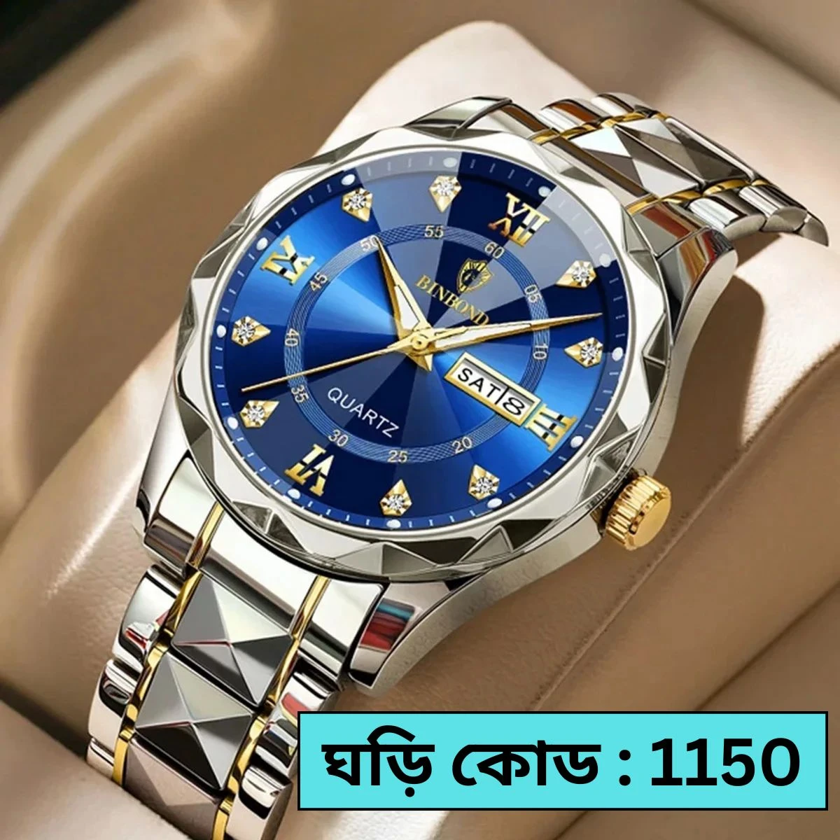 BINBOND NEW DIAMOND CUT DESIGN TOTON AR DIAL BLUE COLOUR WATCH for Men - Image 2