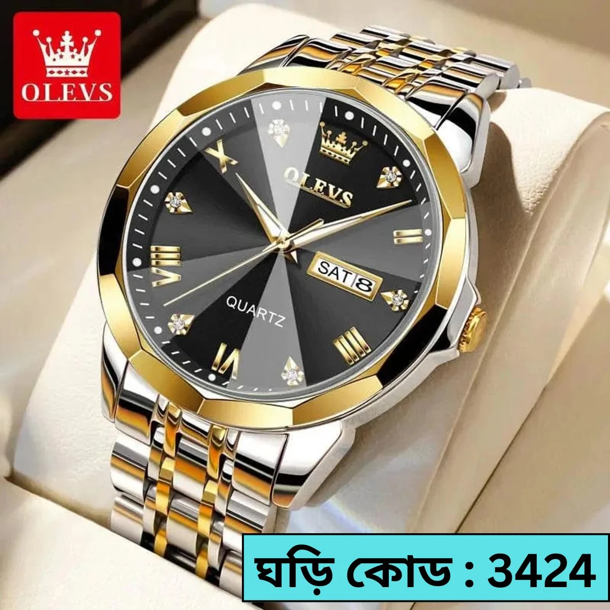 OLEVS MODEL 9931 Watch TOTON AR DIAL BLACK ROUND GOLDEN COLOUR - - MAN WATCH - LOCK PUSH - Image 2