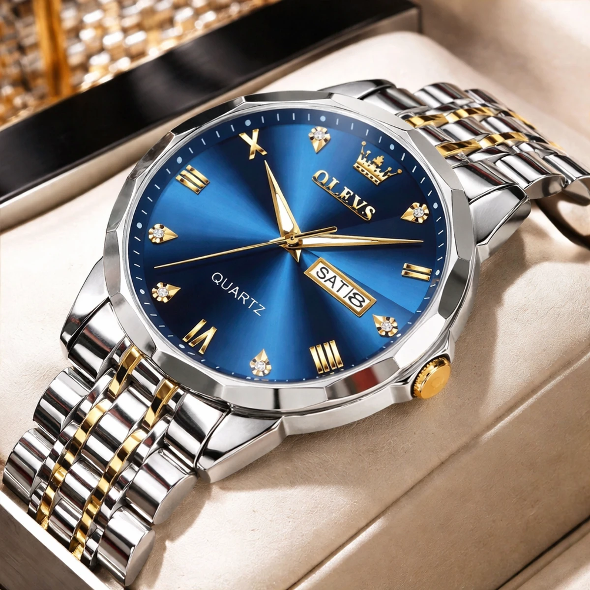 OLEVS WATCH MODEL 9931 TOTON AR DIAL BLUE - MAN WATCH - LOCK PUSH